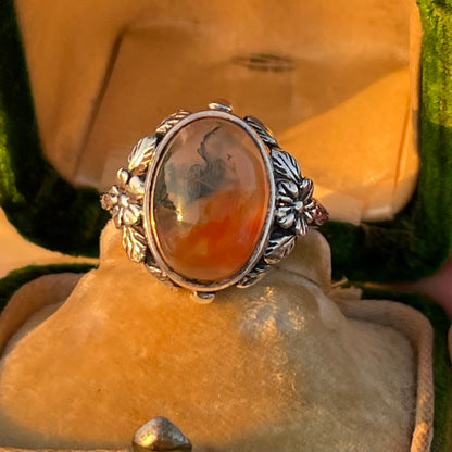 Vintage Sterling Silver Fish Moss Agate Ring Bernard Instone Arts Crafts 1910 L
