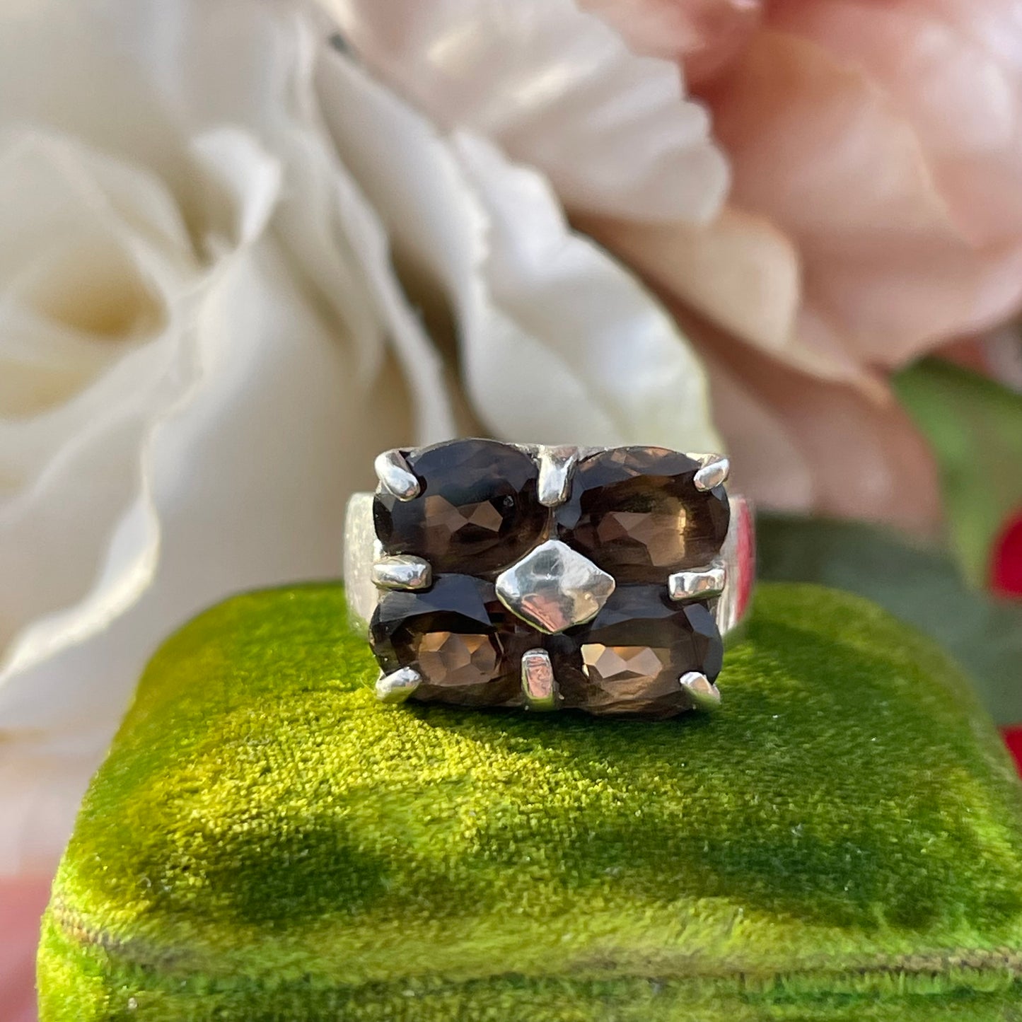 Vintage Sterling Silver Chunky Smoky Quartz Quad Ring Statement 925 L Heavy 6g