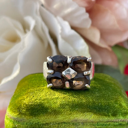 Vintage Sterling Silver Chunky Smoky Quartz Quad Ring Statement 925 L Heavy 6g