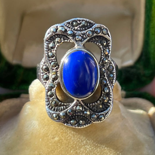 Vintage Sterling Silver Lapis Lazuli Marcasite Shield Ring Art Deco Style J 5g