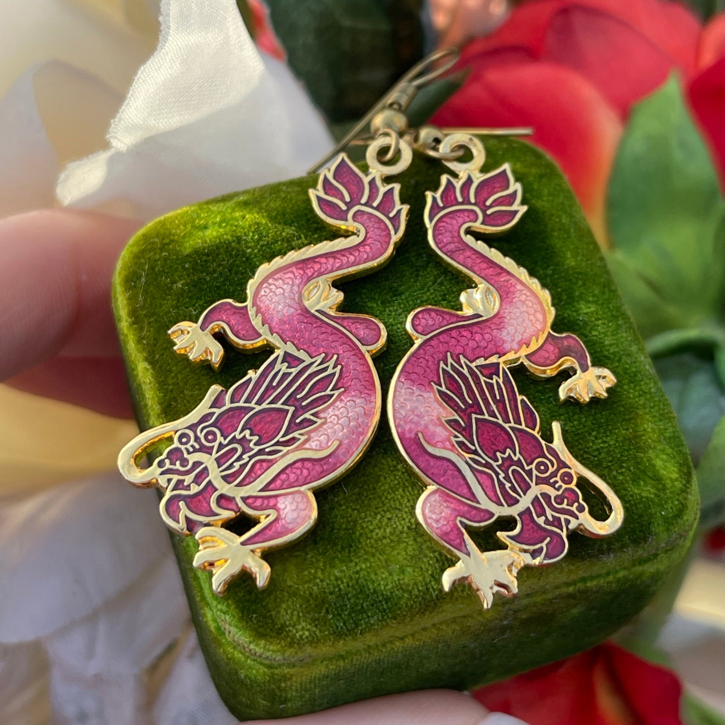Vintage Cloisonné Mystical Red Pink Dragon Dropper Earrings