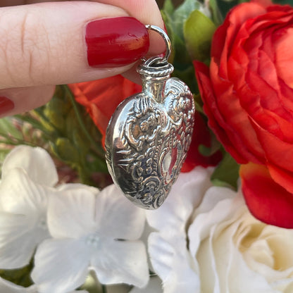 Vintage Sterling Silver Filigree Heart Perfume Repoussé chatelaine Bottle Pendant
