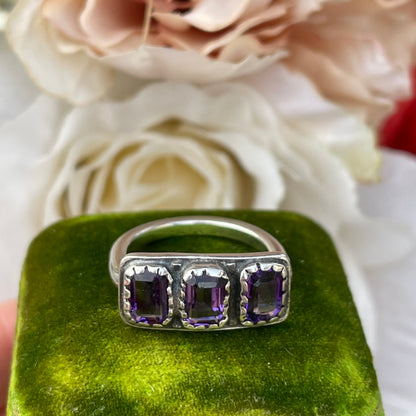 Unreleased: Antique Sterling Silver Triple Rectangular Stone Amethyst Ring P