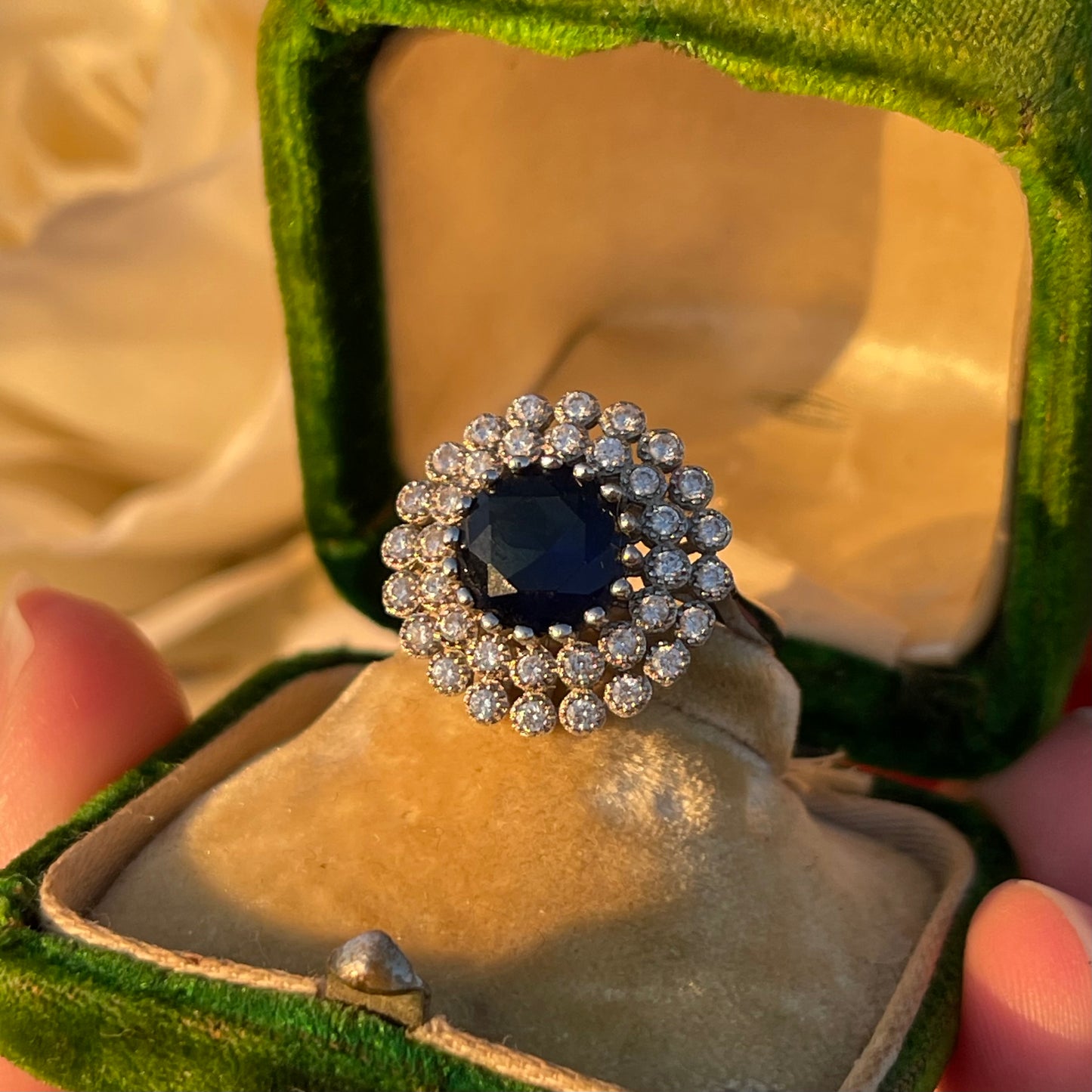 Vintage Sterling Silver 1950s Sapphire Glass Cocktail ring L