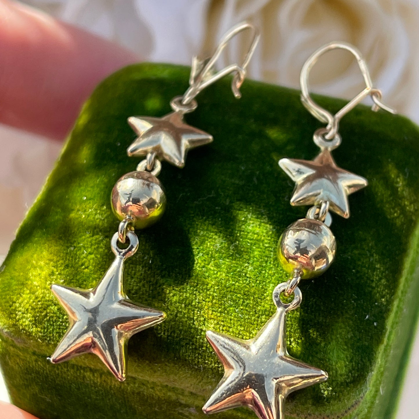 Vintage 9ct Yellow Gold Star Celestial Dropper Earrings Long Rare Moon 2.5g