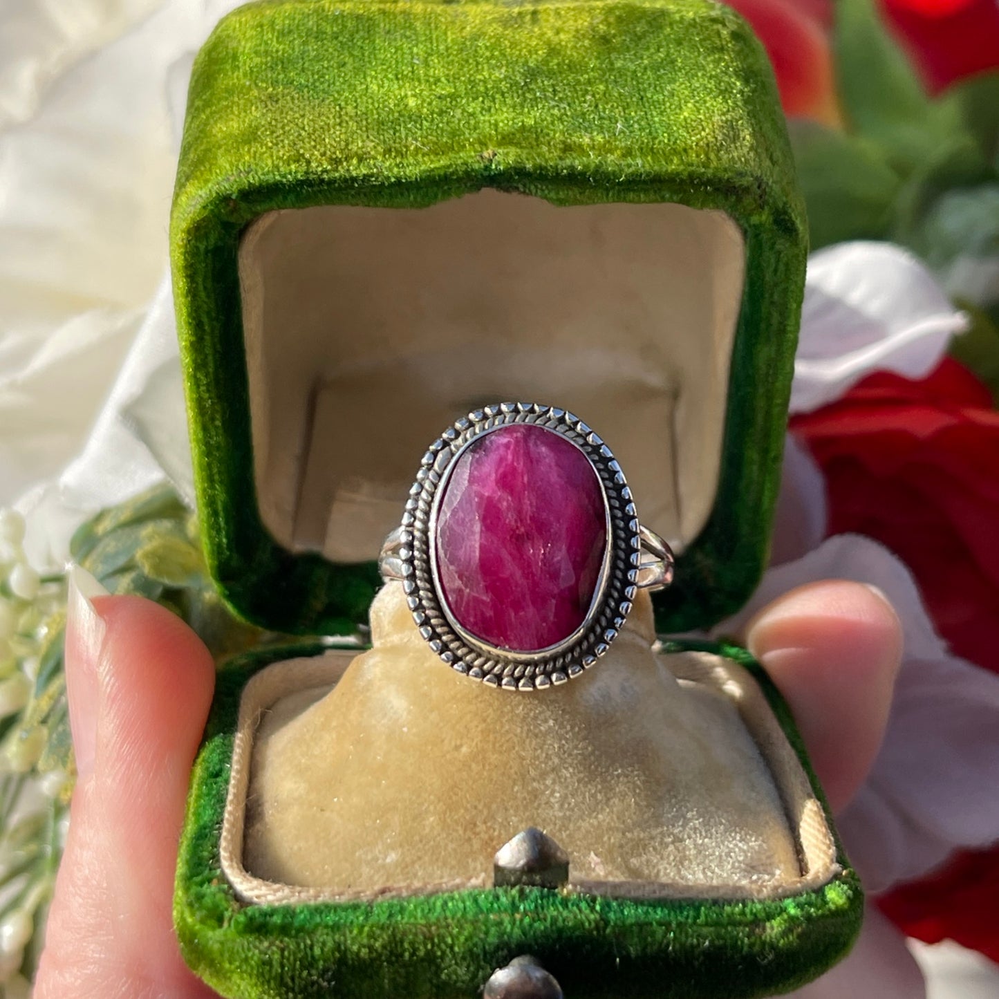 Vintage Sterling Silver Ruby Pink Statement Ring Q