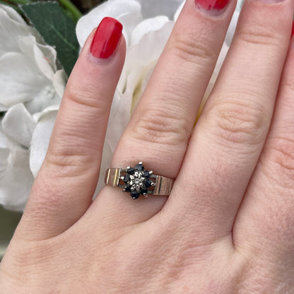 Vintage Sterling Silver Diamond & Sapphire Flower Cluster Ring 925 O