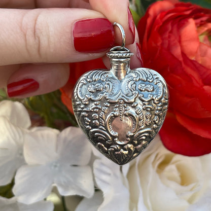 Vintage Sterling Silver Filigree Heart Perfume Repoussé chatelaine Bottle Pendant