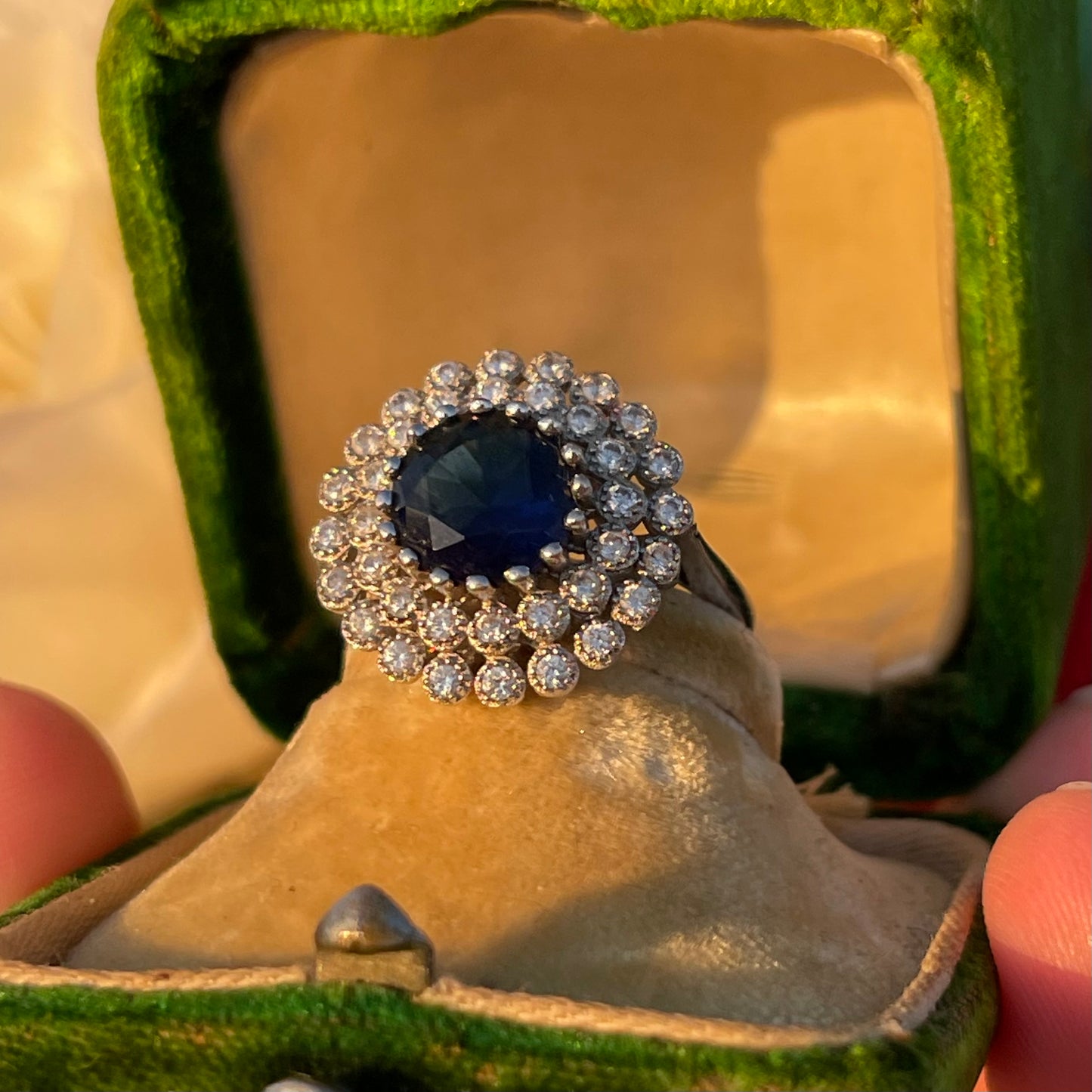 Vintage Sterling Silver 1950s Sapphire Glass Cocktail ring L