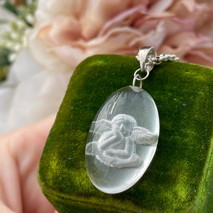 Unreleased: Sterling Silver Intaglio Angel Rock Crystal Pendant Necklace