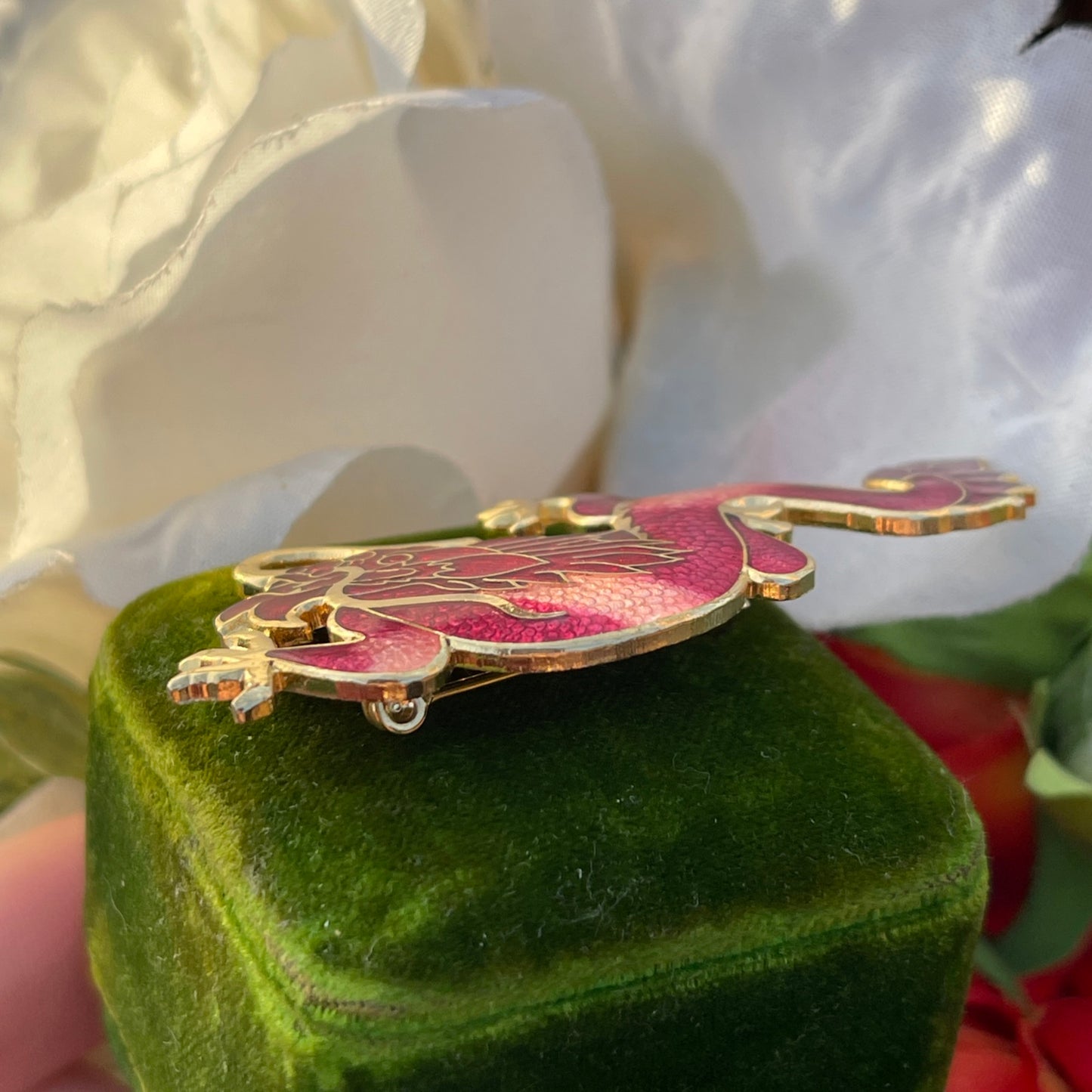Vintage Gold Plated Cloisonné Enamel Red Pink Dragon Whimsical Brooch Badge