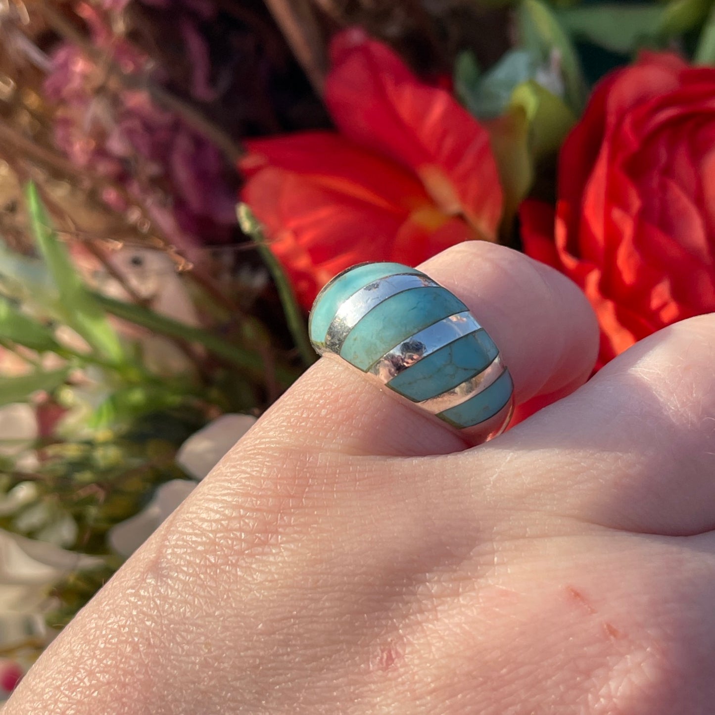 Sterling Silver Turquoise Stripe Bombe Ring Statement Chunky L-M