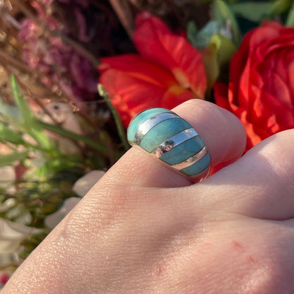 Sterling Silver Turquoise Stripe Bombe Ring Statement Chunky L-M
