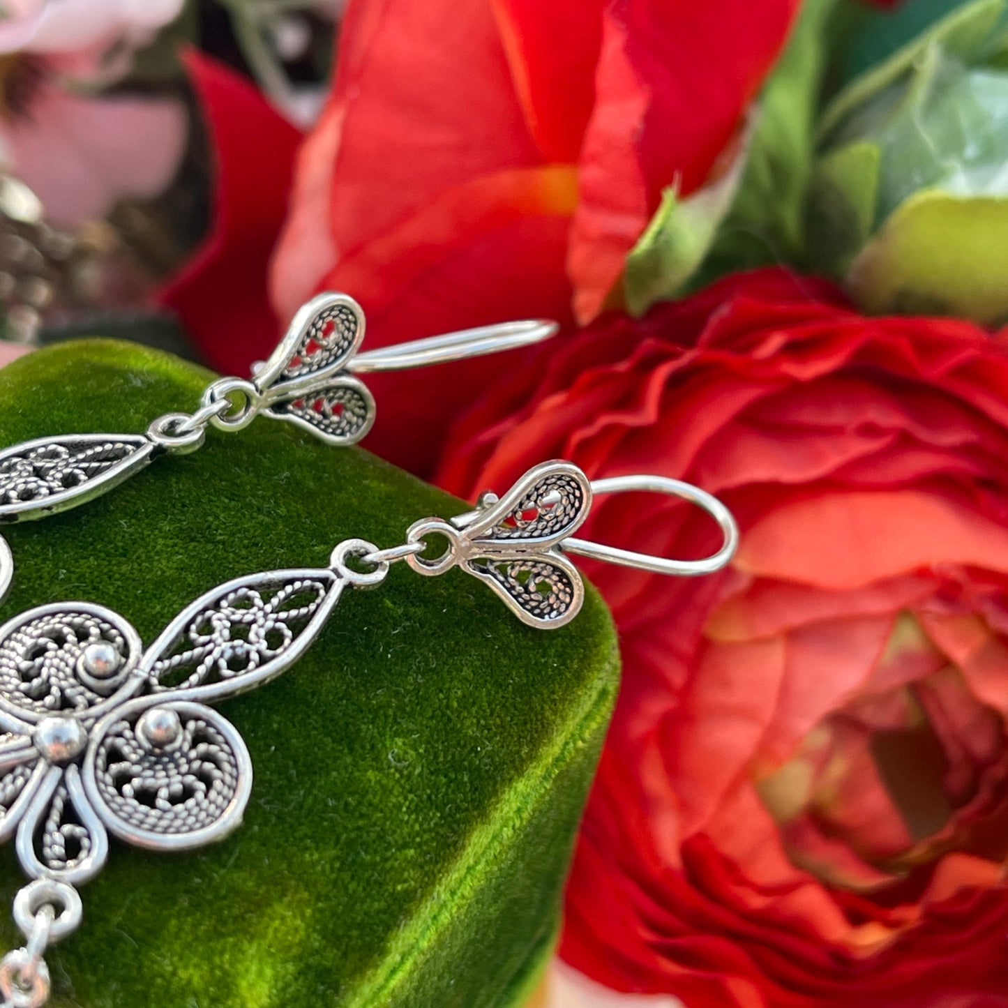 Vintage Sterling Silver Fleur De Lis Filigree earrings Tassel Chandelier Large