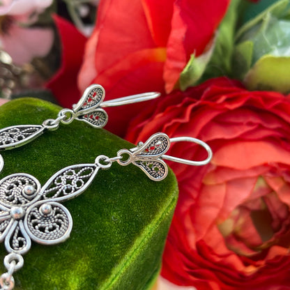 Vintage Sterling Silver Fleur De Lis Filigree earrings Tassel Chandelier Large