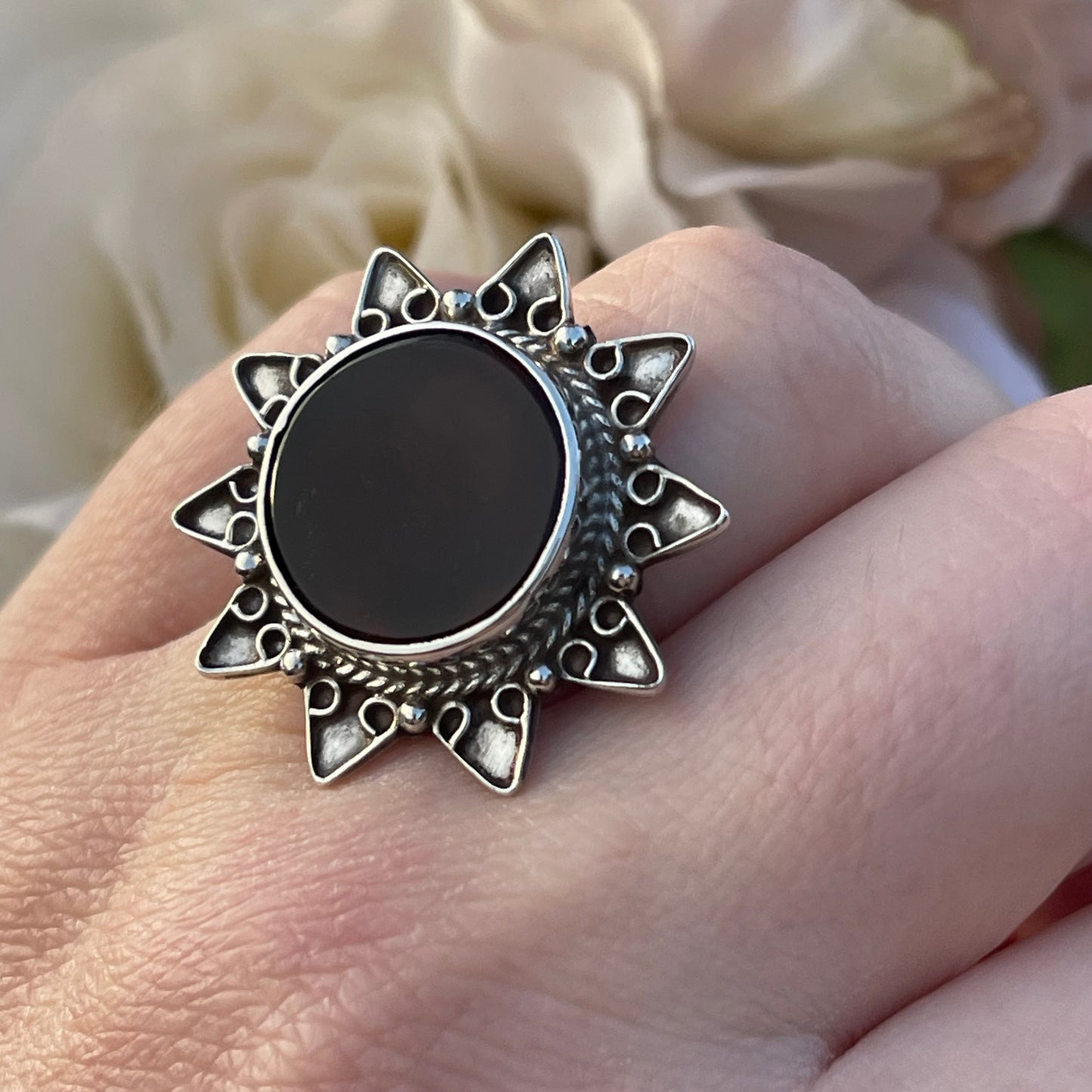 Vintage Sterling Silver 90s Indian Sun Burgundy Ring M 6.4g