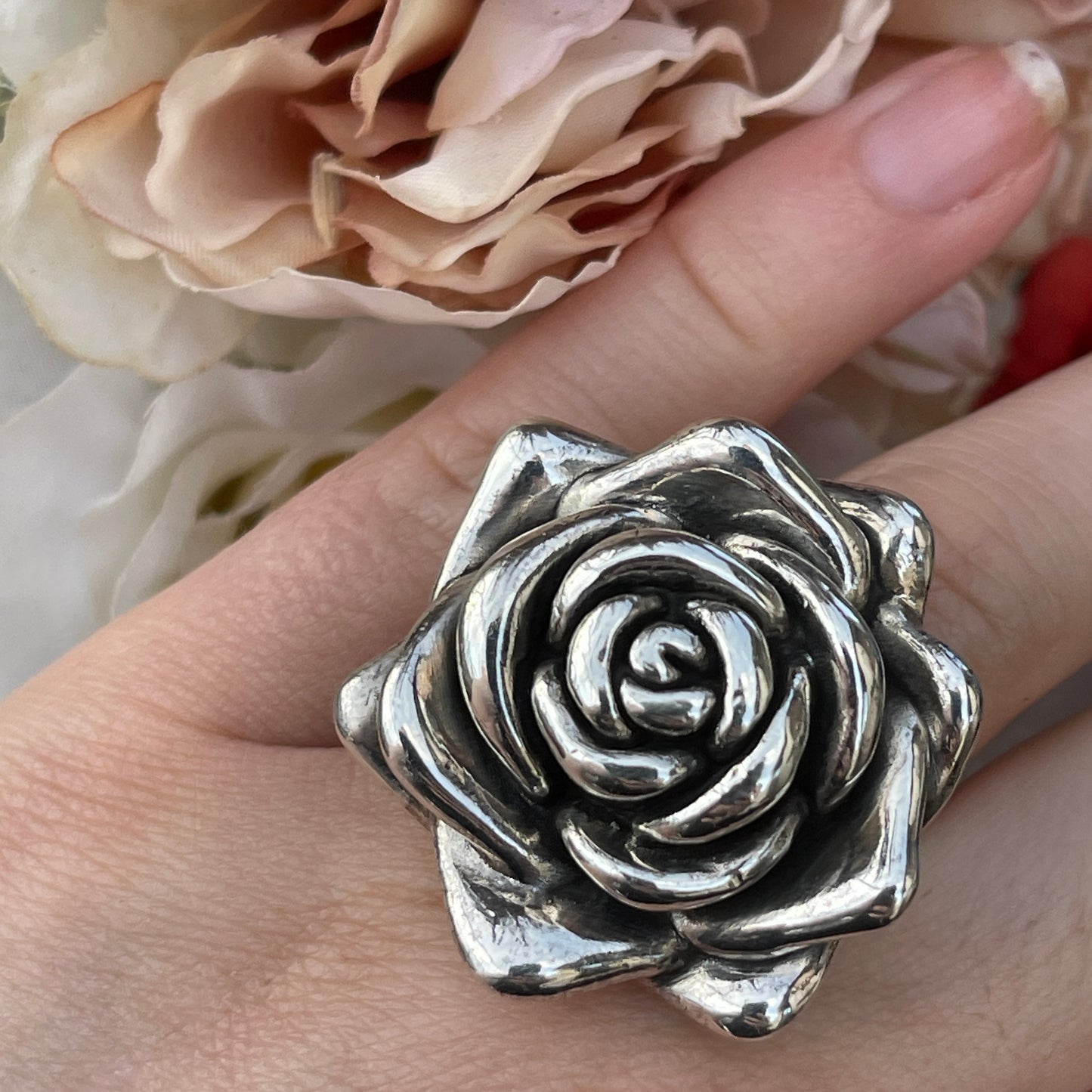 Unreleased: Sterling Silver XL Rose Flower Ring P-Q