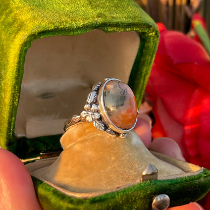 Vintage Sterling Silver Fish Moss Agate Ring Bernard Instone Arts Crafts 1910 L