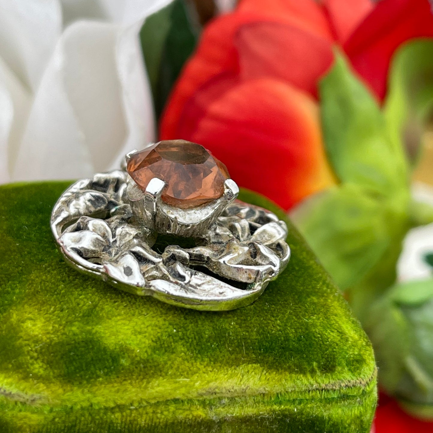 Vintage Art Nouveau Style Silver Tone Citrine Orange Glass Pendant