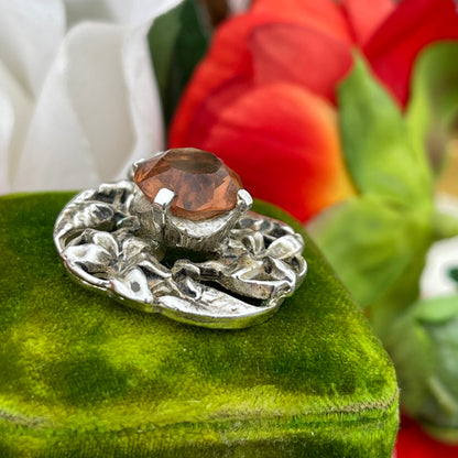 Vintage Art Nouveau Style Silver Tone Citrine Orange Glass Pendant