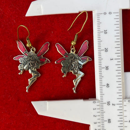 Vintage Cloisonné Enamel Red Gold Fairy Earrings