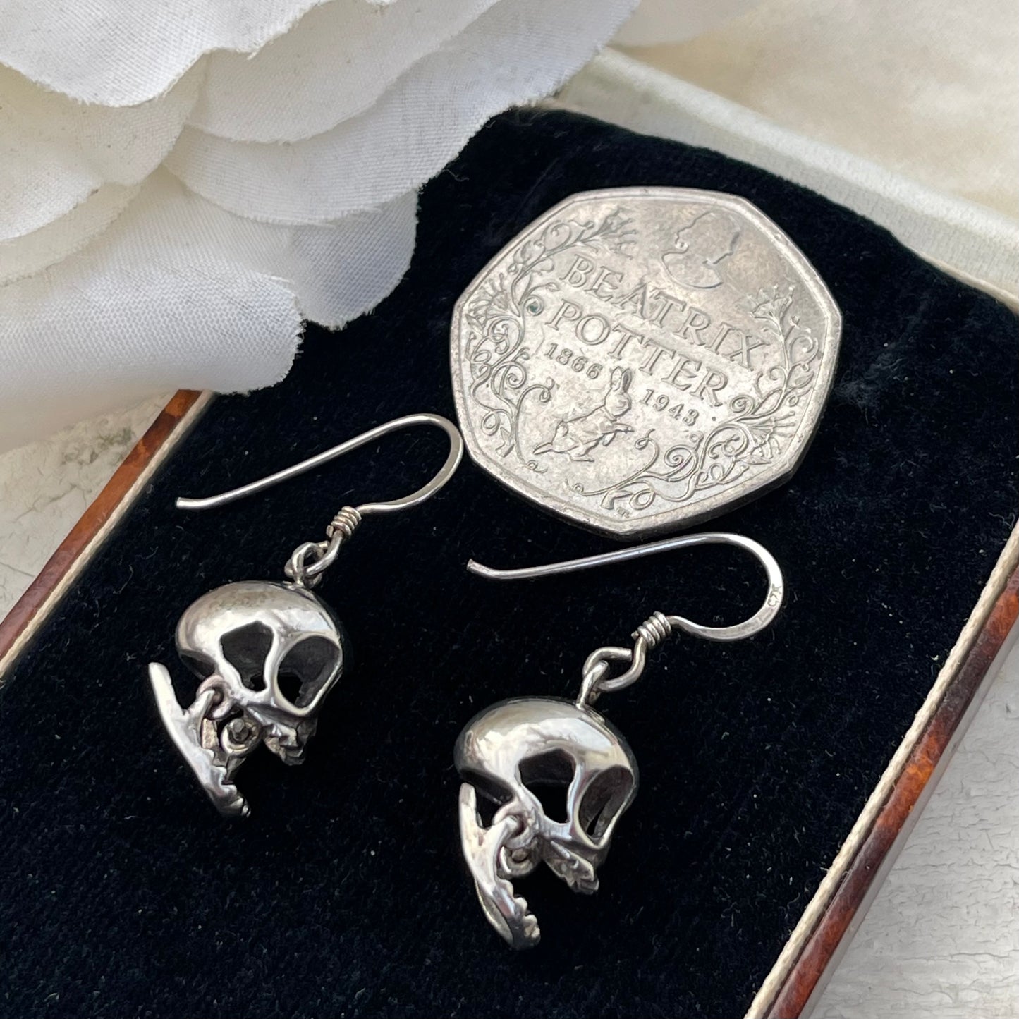 Vintage Silver Articulated Skull Momento Mori earrings