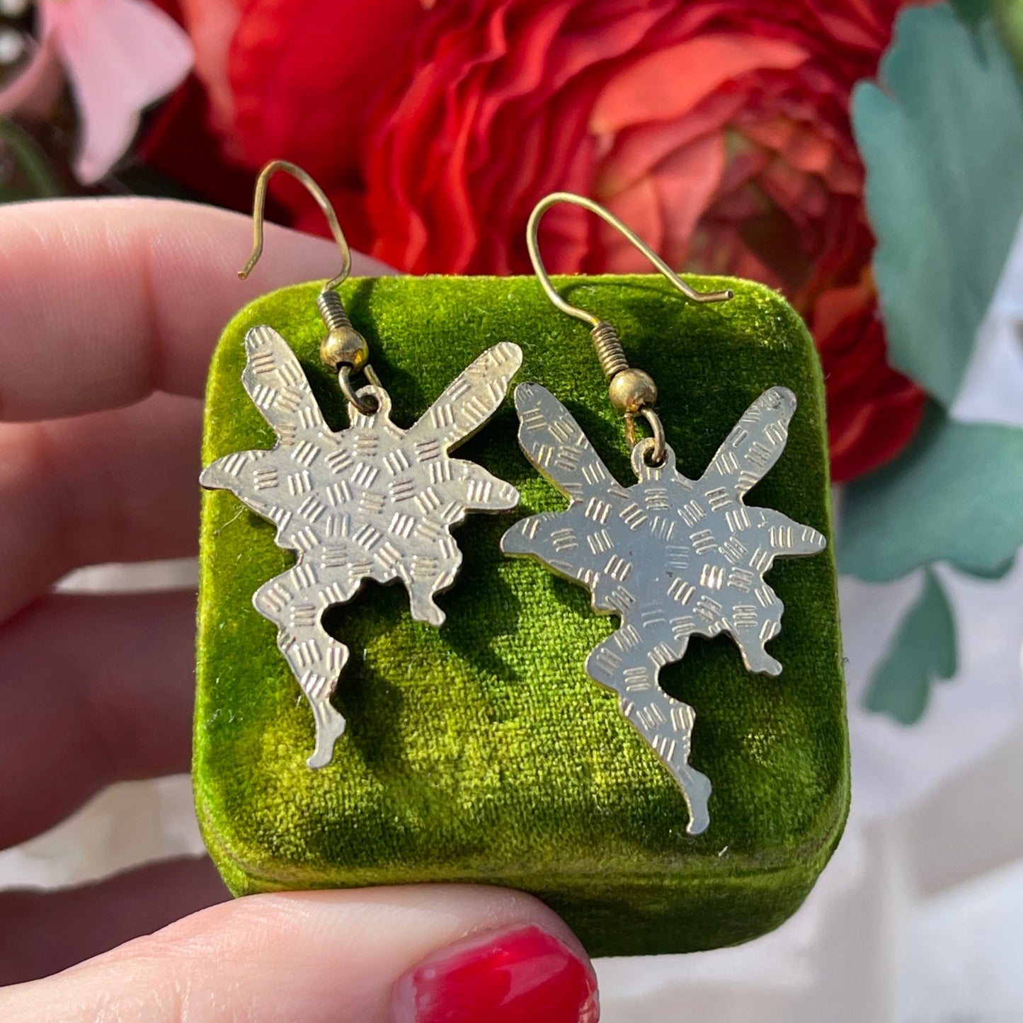 Vintage Cloisonné Enamel Red Gold Fairy Earrings