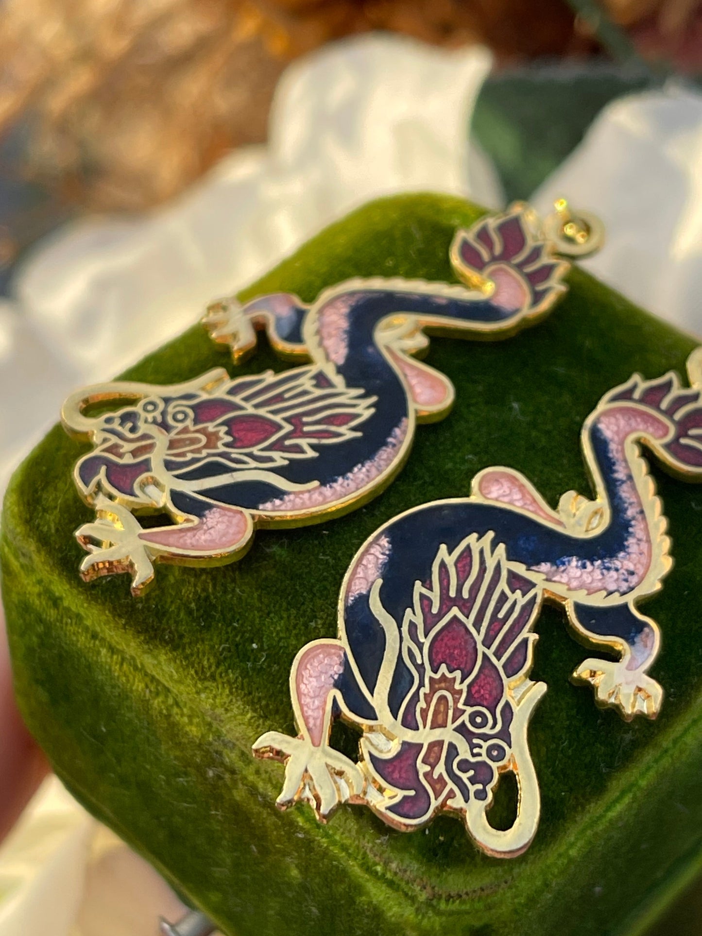 Vintage Cloisonné Mystical Black Pink Dragon Dropper Earrings