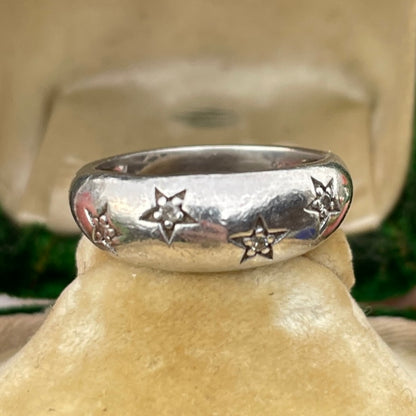 Sterling Silver Diamond Star Bombe Ring Vintage Celestial Style M