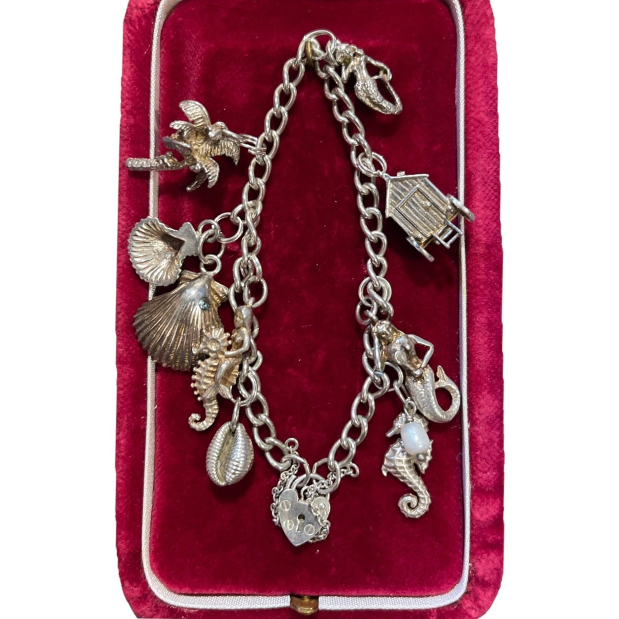 Vintage Sterling Silver Ocean Theme Charm Bracelet Mermaid Seahorse