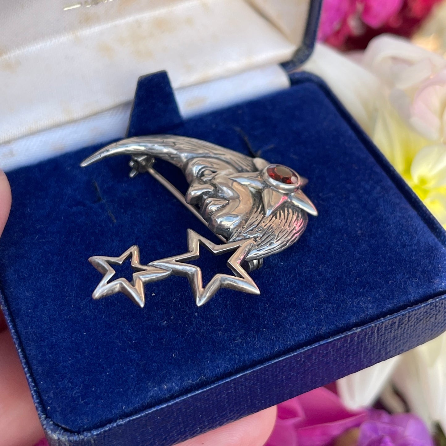 Vintage Sterling Silver Crescent Moon Garnet Brooch