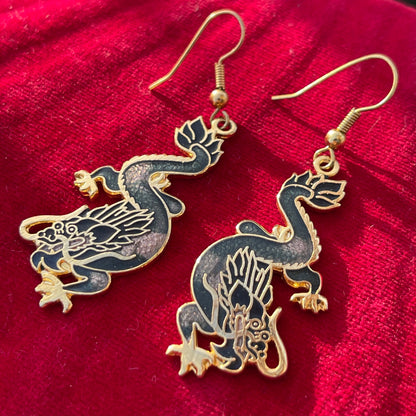 Vintage Cloisonné Mystical Black Grey Dragon Dropper Earrings