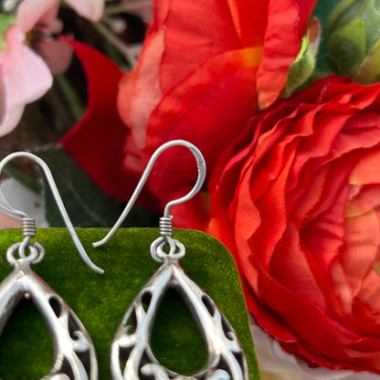 Vintage Sterling Silver Tear Drop Open work Filigree Hoop Dropper Earrings
