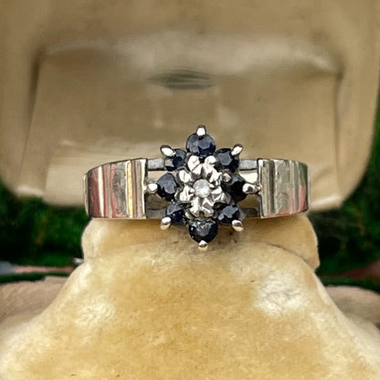 Vintage Sterling Silver Diamond & Sapphire Flower Cluster Ring 925 O