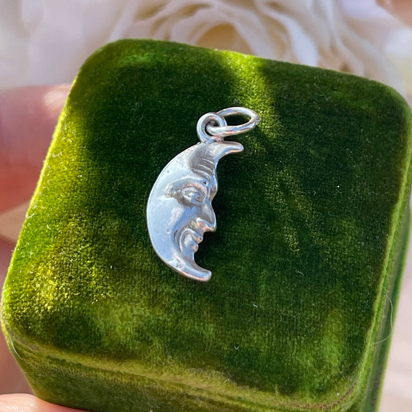 Sterling Silver Vintage Crescent Moon Face Charm Double Sided