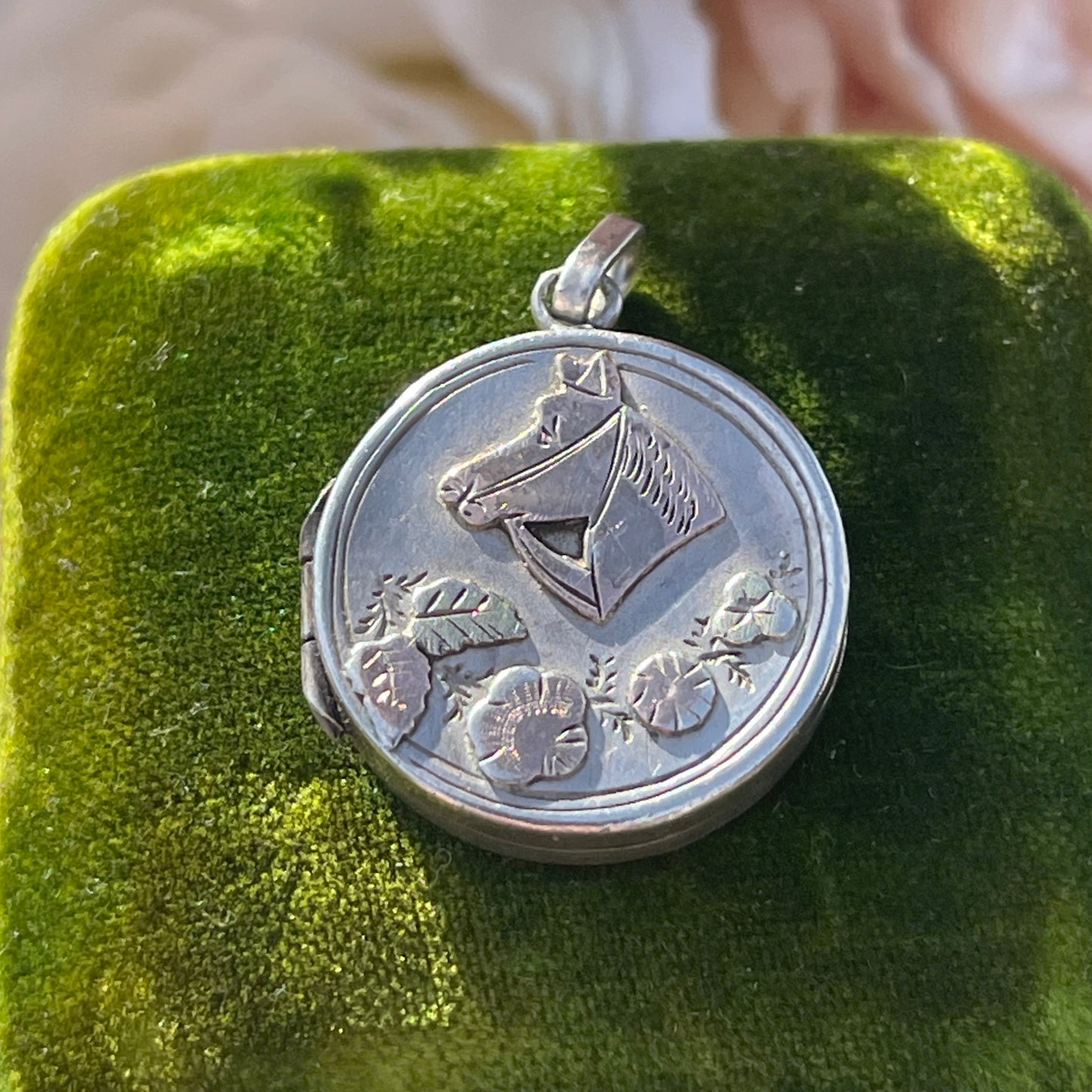 Antique Victorian 1892 Sterling Silver Equestrian Yellow & Rose Gold Floral Circular Locket