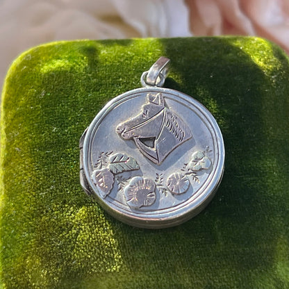 Antique Victorian 1892 Sterling Silver Equestrian Yellow & Rose Gold Floral Circular Locket