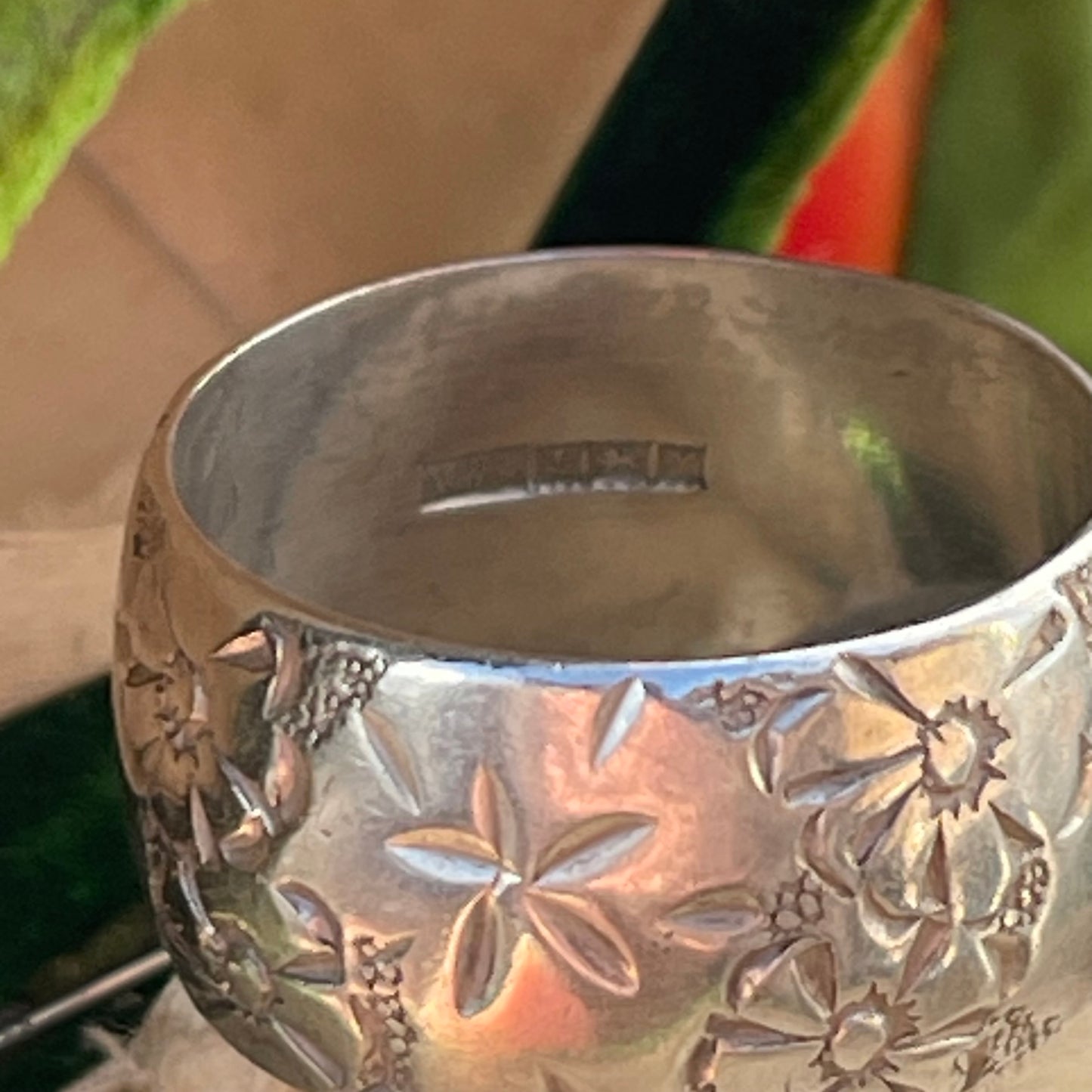 Vintage Sterling Silver Floral Star Engraved Thick Band Ring 12mm 1973 U-V