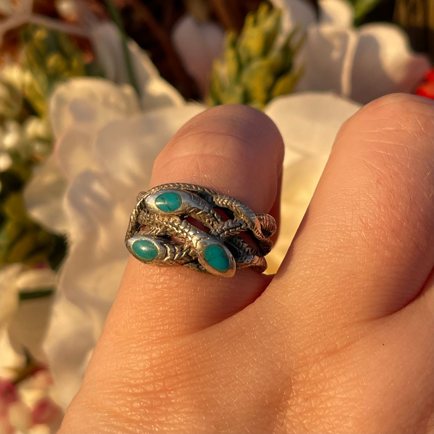 Vintage Antique Sterling Silver Turquoise triple snake ring N