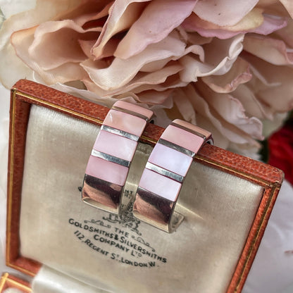 Sterling Silver Pink Mother Of Pearl Bold Half Hoop Earrings