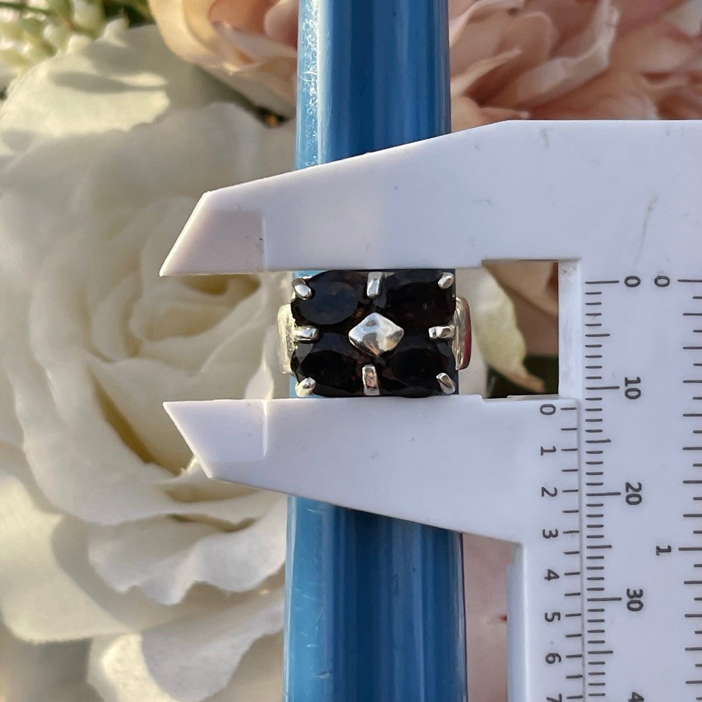 Vintage Sterling Silver Chunky Smoky Quartz Quad Ring Statement 925 L Heavy 6g