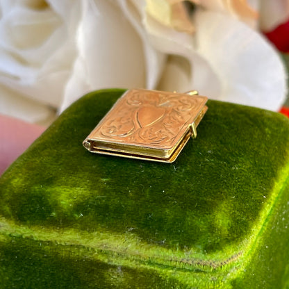 Antique 9ct Gold Edwardian Book Locket Engraved Heart Pendant Rare 1903 3g