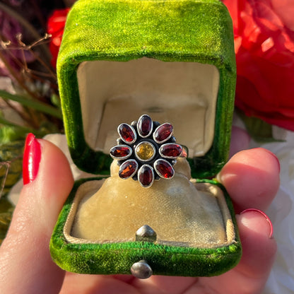 Vintage Sterling Silver Garnet And Citrine Flower Ring Indian P