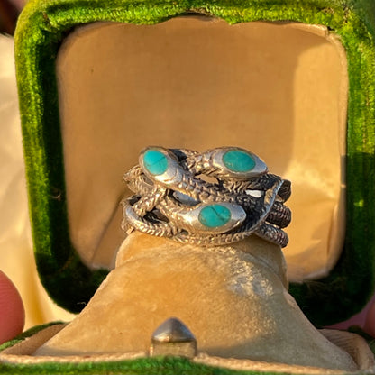 Vintage Antique Sterling Silver Turquoise triple snake ring N