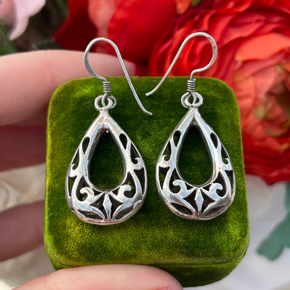 Vintage Sterling Silver Tear Drop Open work Filigree Hoop Dropper Earrings
