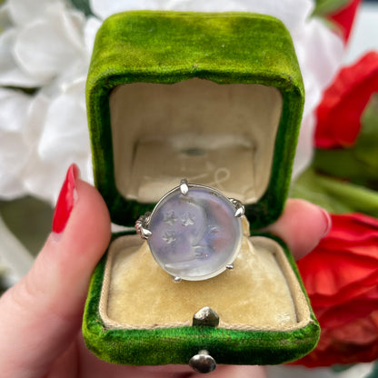 Sterling Silver Iridescent Moon & Stars Ring Vintage Celestial Style Q