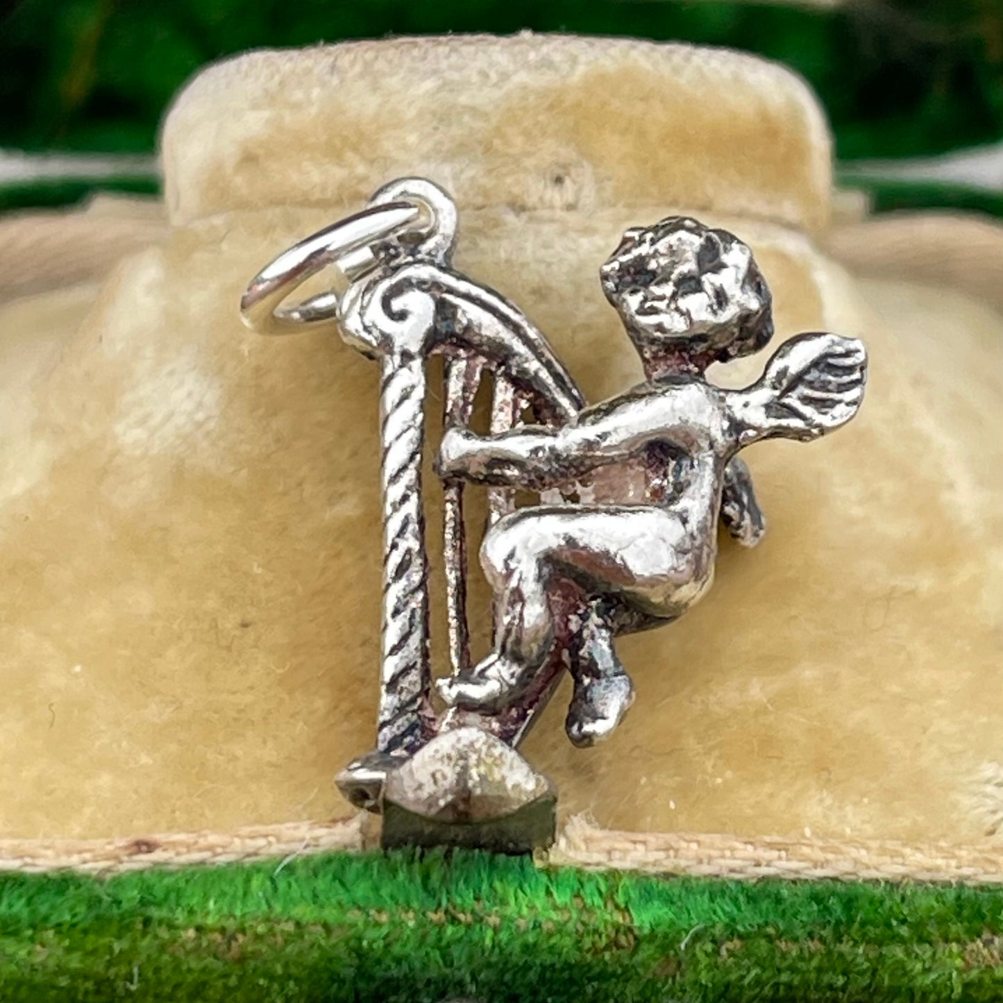 Vintage Sterling Silver Puffy Cherub Harp Charm