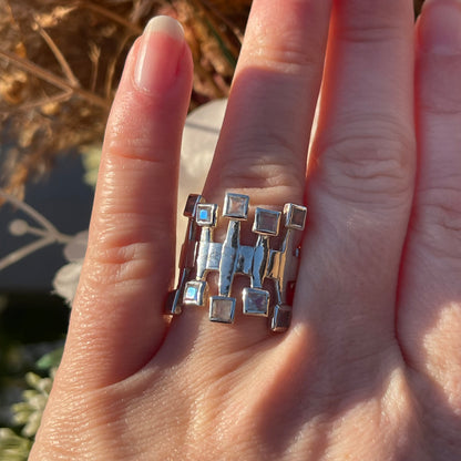 Vintage Sterling Silver Moonstone Square Modernist Statement Ring P
