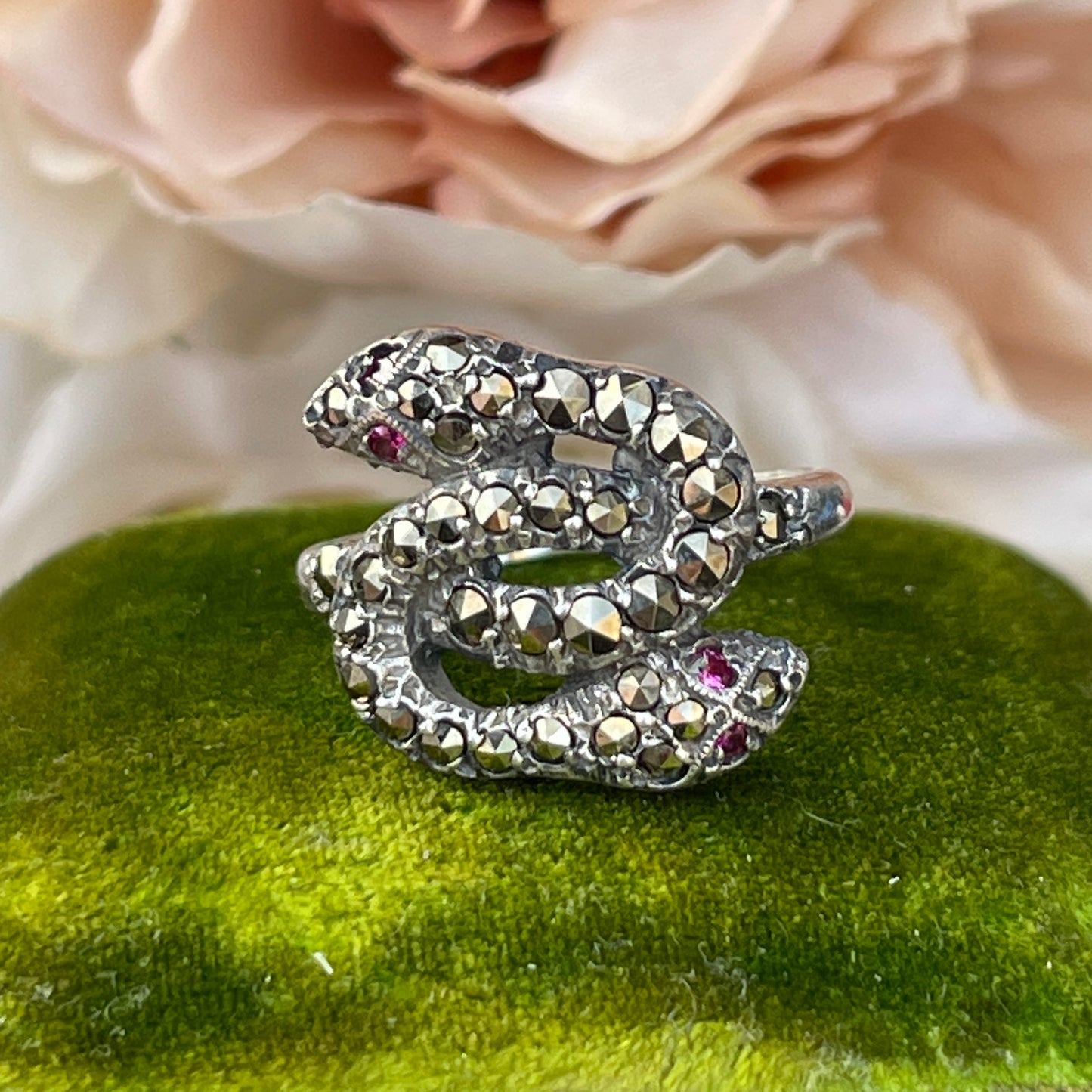 Unreleased: Art Deco Sterling Silver Ruby Eye Marcasite Double Snake Ring K