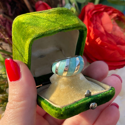 Sterling Silver Turquoise Stripe Bombe Ring Statement Chunky L-M